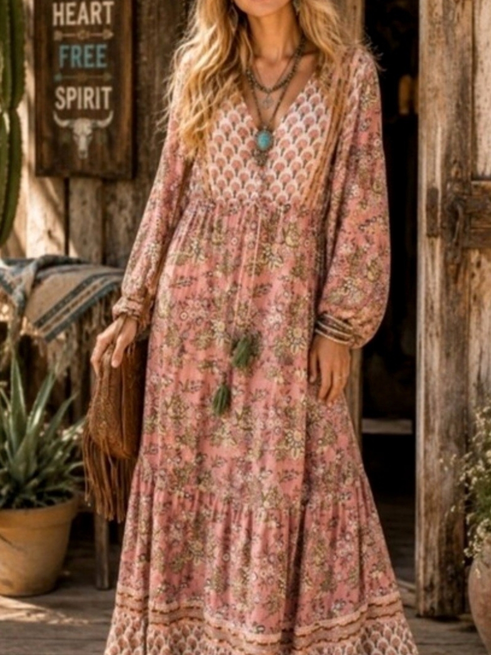 Jaded Gypsy Pink Floral Maxi Dress with Tassel Tie
